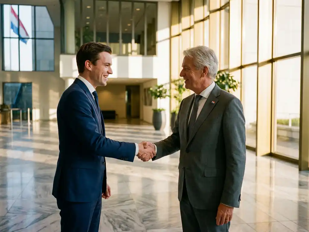 Jonge professional schudt handen met overheidsambtenaar in modern kantoor met Nederlandse vlag op achtergrond