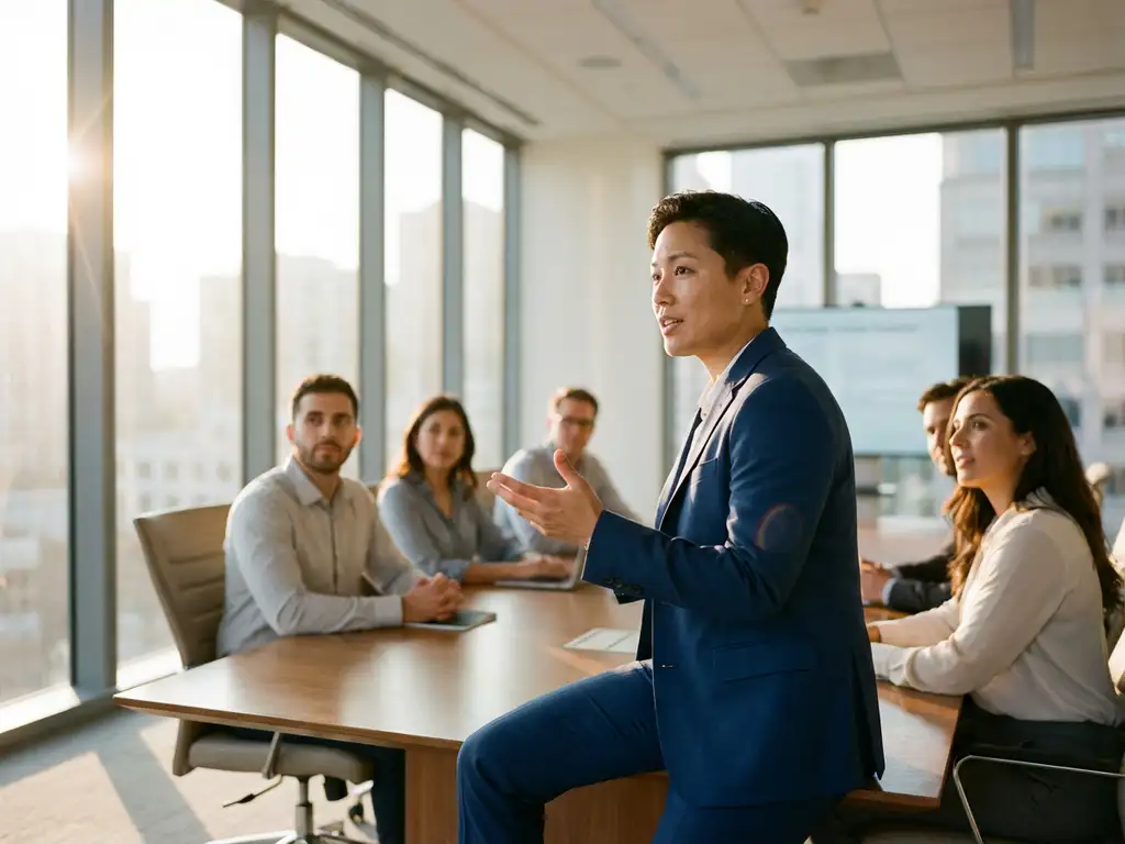 Zelfverzekerde zakelijke professional in marineblauw pak presenteert aan team rond vergadertafel in moderne kantoorruimte