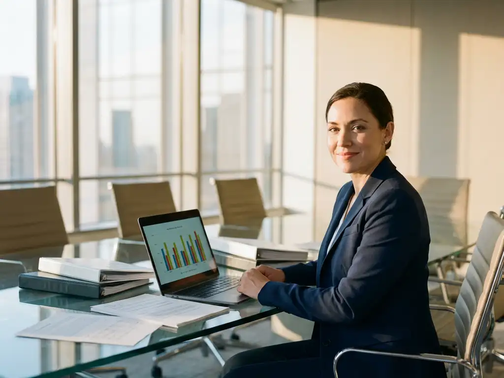 Zelfverzekerde zakenvrouw in donkerblauw pak aan glazen vergadertafel met laptop en projectdocumenten in modern kantoor