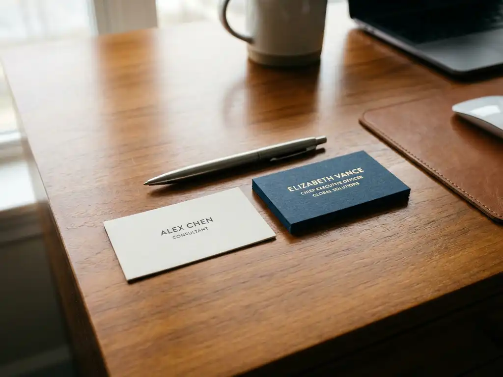 Twee visitekaartjes op houten bureau met pen ertussen, natuurlijk licht door raam, professionele kantooromgeving
