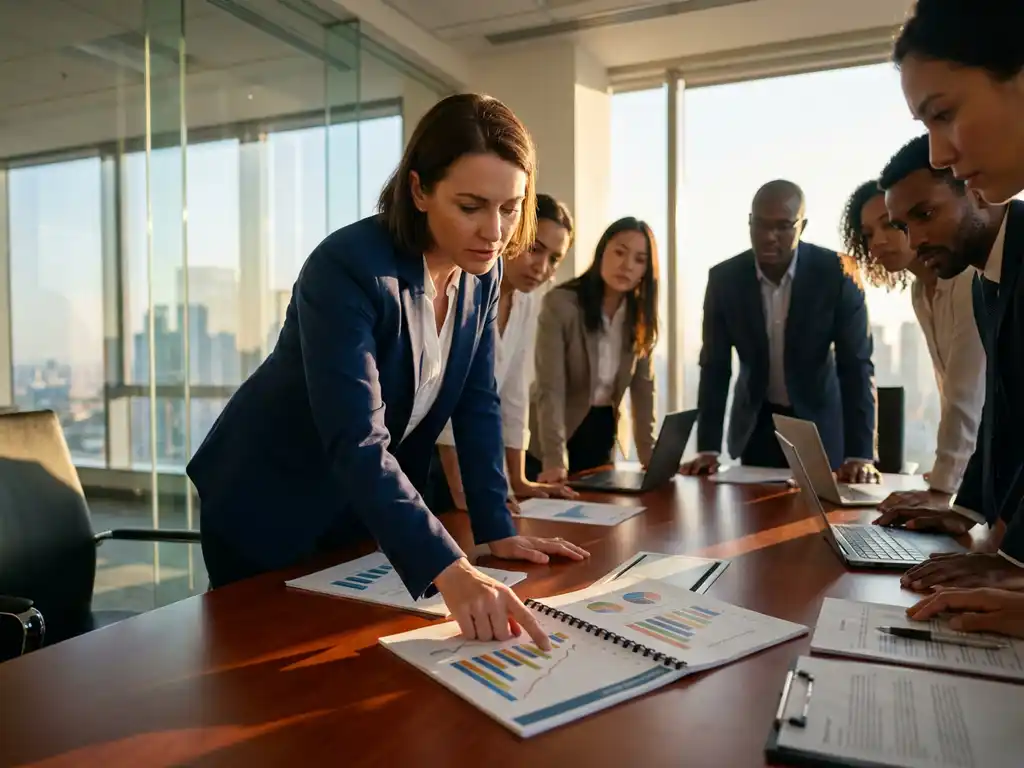 Zakenvrouw in marineblauw pak bespreekt groeicijfers met divers team rond vergadertafel in modern kantoor