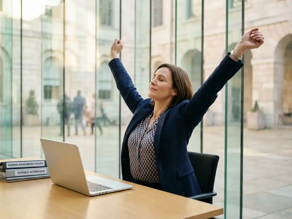 Professionele vrouw in kantoorkleding strekt zich uit aan bureau met laptop en HR-documenten in overheidsgebouw