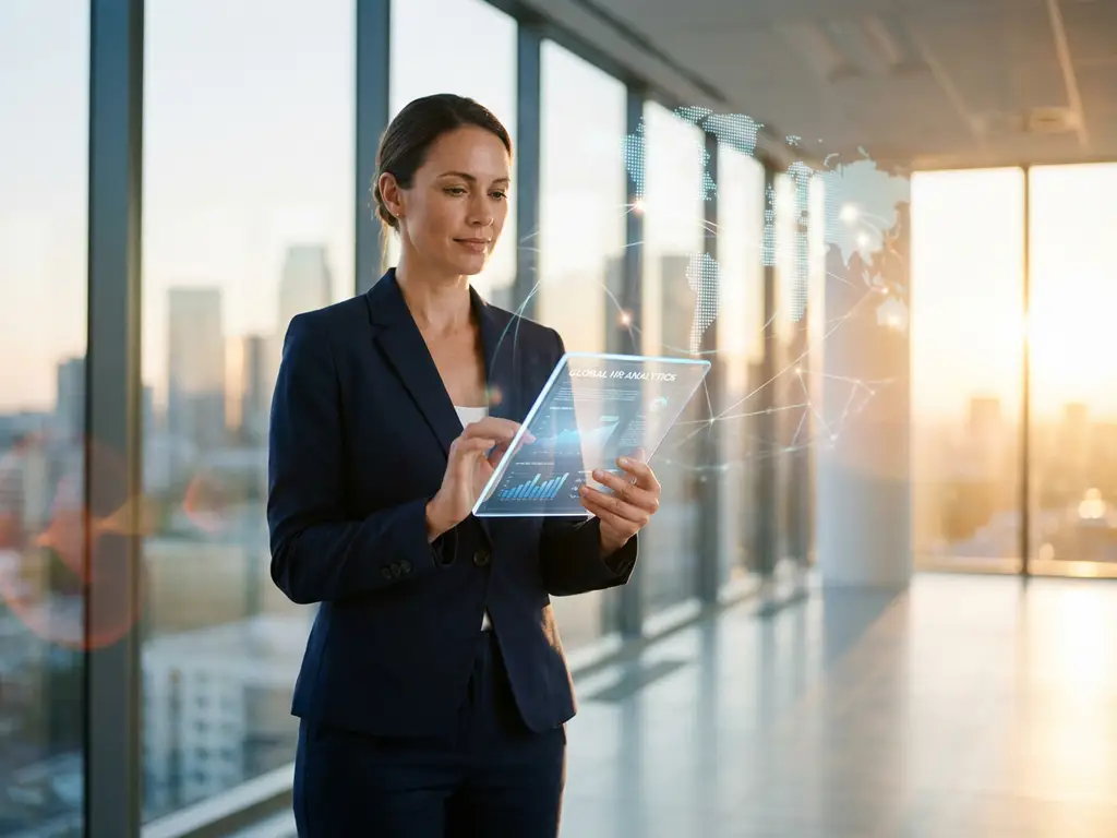 Professionele zakenvrouw met tablet toont wereldwijde HR-analytics in modern kantoor met stadsgezicht
