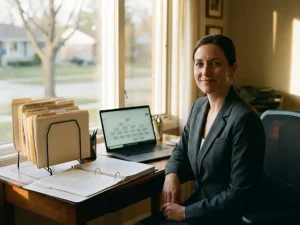 Professionele vrouw in pak werkt thuis aan bureau met overheidsdocumenten en laptop met organisatieschema's
