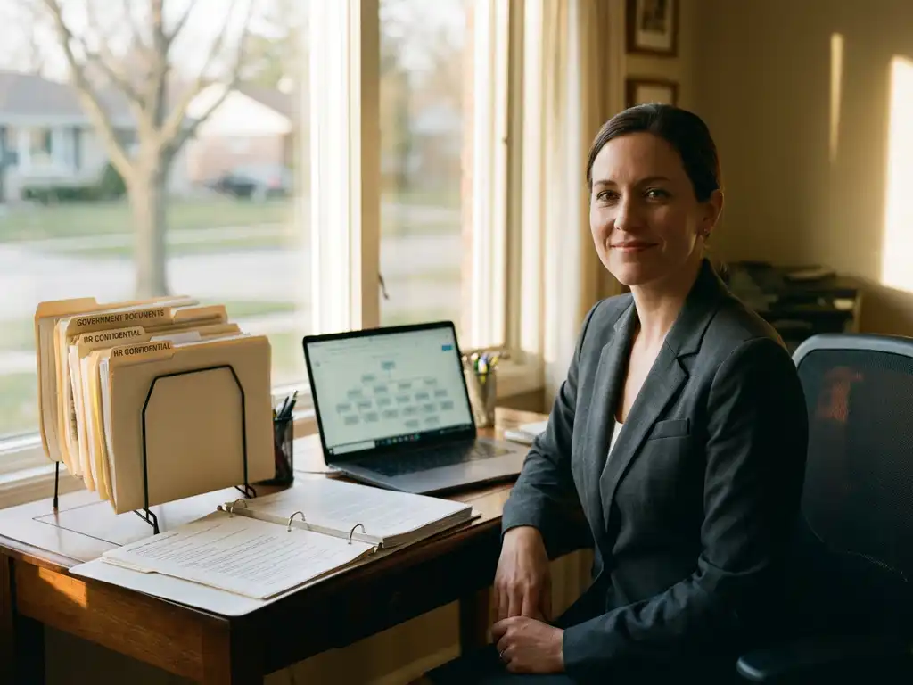 Professionele vrouw in pak werkt thuis aan bureau met overheidsdocumenten en laptop met organisatieschema's