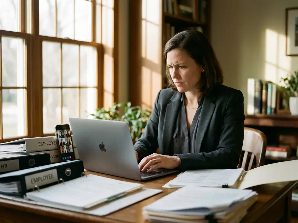 Professionele vrouw werkt op laptop in modern thuiskantoor met HR-documenten en smartphone met videogesprek