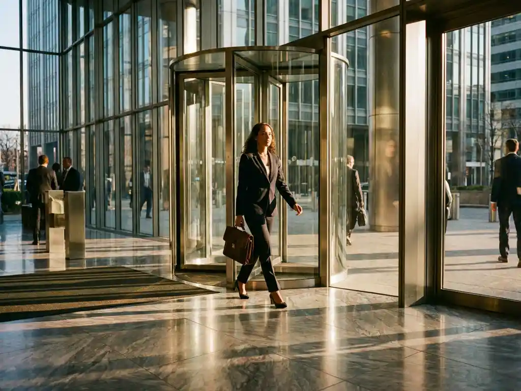 Jonge professional in pak loopt zelfverzekerd door glazen deuren van modern kantoorgebouw met aktetas in gouden zonlicht
