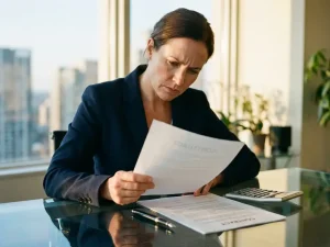 Zakenvrouw in marineblauw jasje bestudeert arbeidscontracten aan glazen bureau met calculator en pen