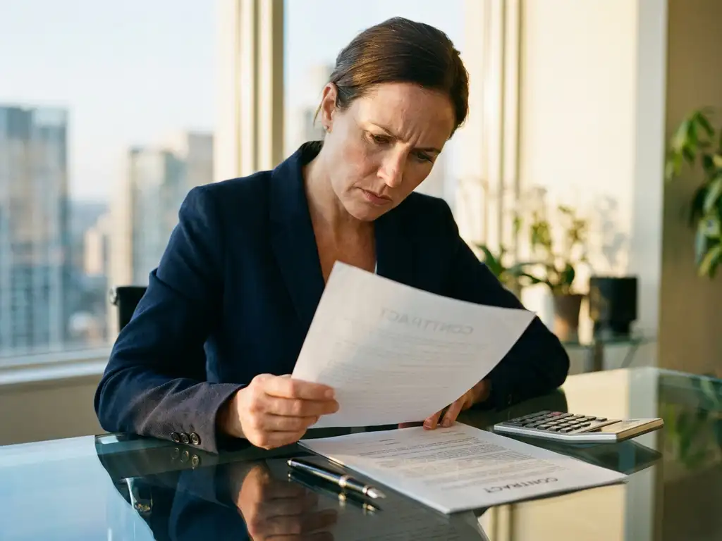 Zakenvrouw in marineblauw jasje bestudeert arbeidscontracten aan glazen bureau met calculator en pen