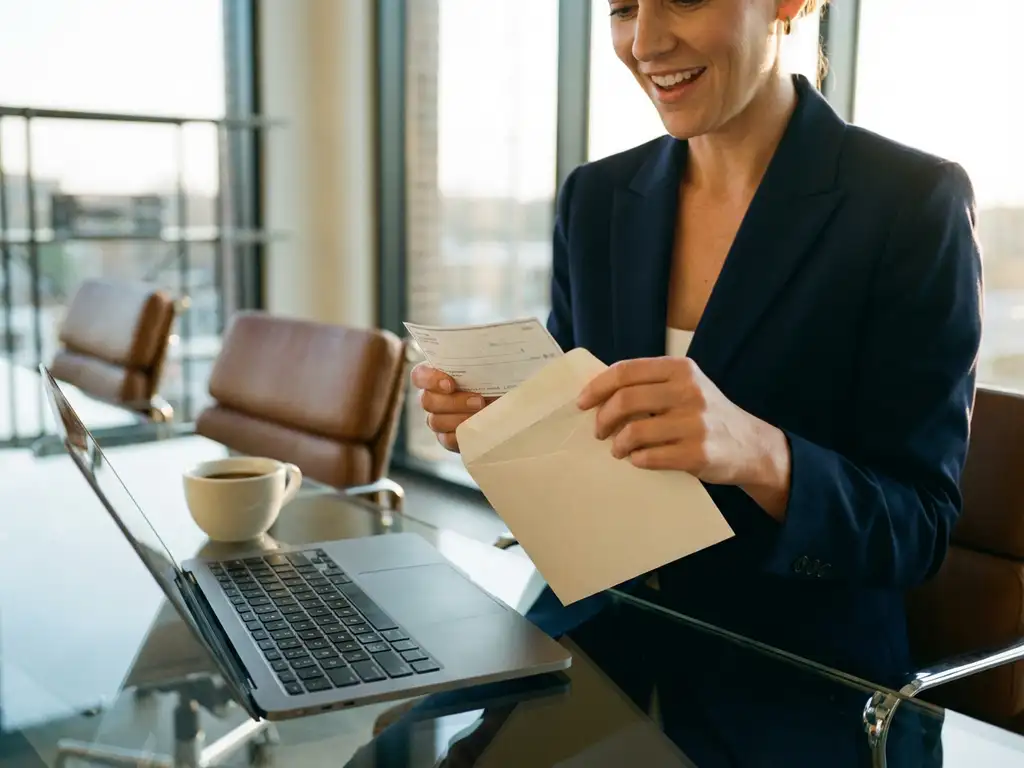 Zakenvrouw opent envelop met bonuscheck aan bureau, toont verrassing en tevredenheid in modern kantoor