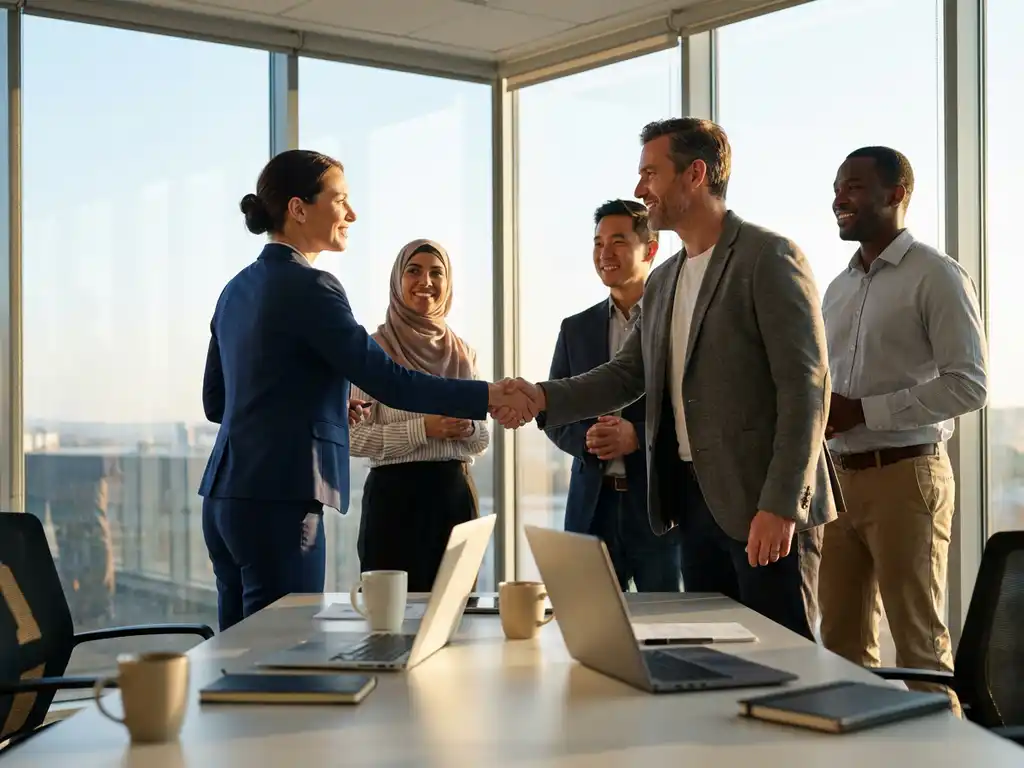 Zakenvrouw in marineblauw pak schudt handen met divers team in modern kantoor met glazen wanden en warme verlichting