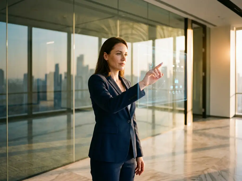 Zakenvrouw in pak selecteert gegevens op holografische interface met bedrijfsanalytics in modern kantoor