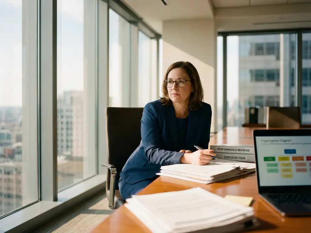 Professionele zakenvrouw bekijkt personeelsdossiers en prestatiegrafieken aan moderne kantoorbureau met laptop