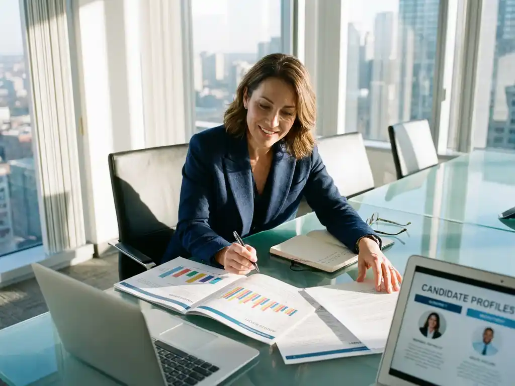Zakenvrouw in marineblauw jasje bekijkt rapporten en kandidaatprofielen aan moderne conferentietafel op kantoor