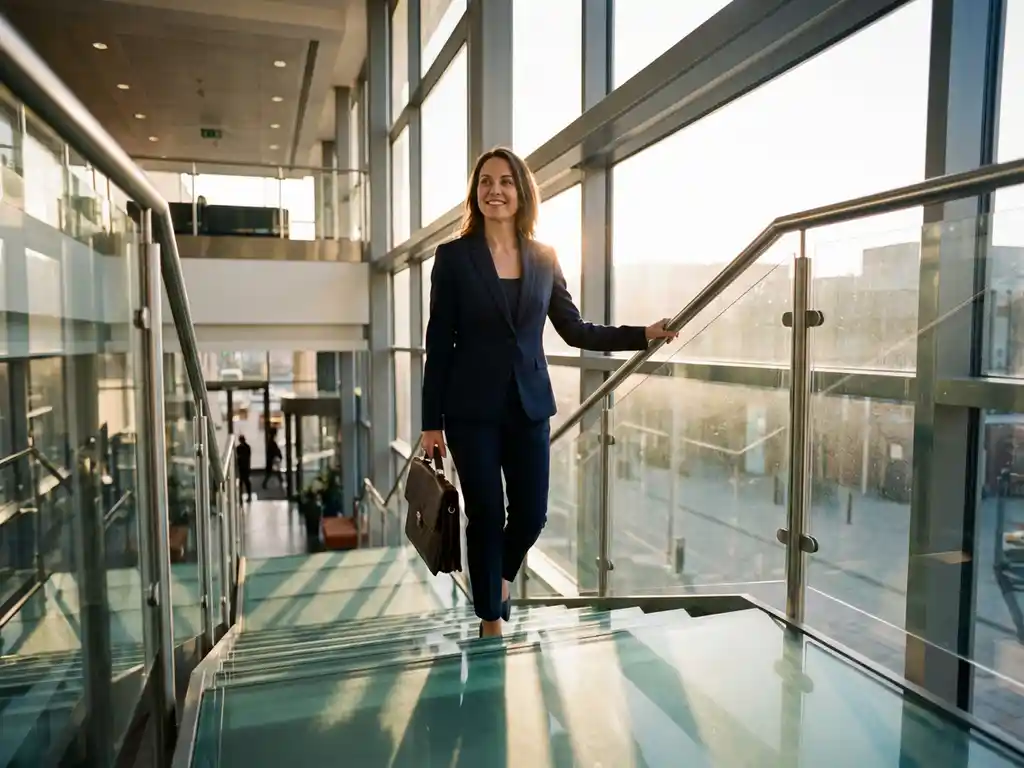 Professionele zakenvrouw klimt glazen trap in modern kantoorgebouw, symboliseert carrièreontwikkeling en succes