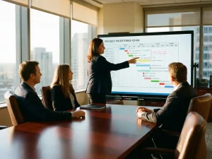 Zakenvrouw presenteert projecttijdlijn aan directeuren in moderne boardroom met grote ramen en stadsgezicht