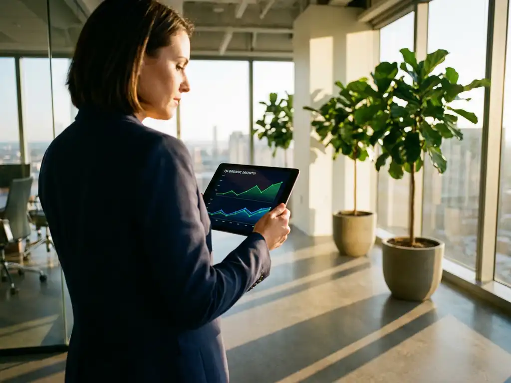 Professionele zakenvrouw met tablet toont groeicijfers in modern kantoor met planten en zonlicht door ramen