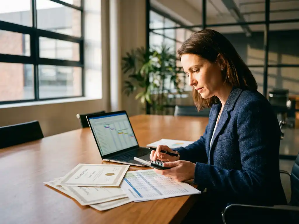 Zakenvrouw in marineblauw jasje bekijkt trainingscertificaten en kostenspreadsheets aan moderne vergadertafel