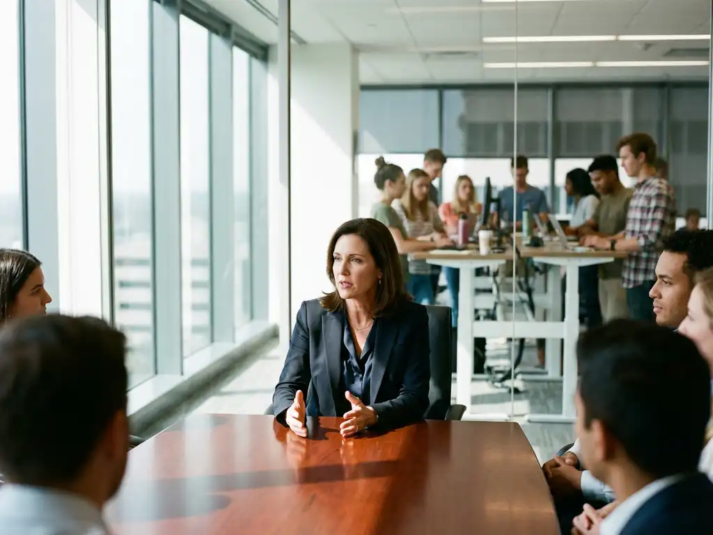 Professionele zakenvrouw in pak spreekt met diverse medewerkers aan conferentietafel in modern kantoor