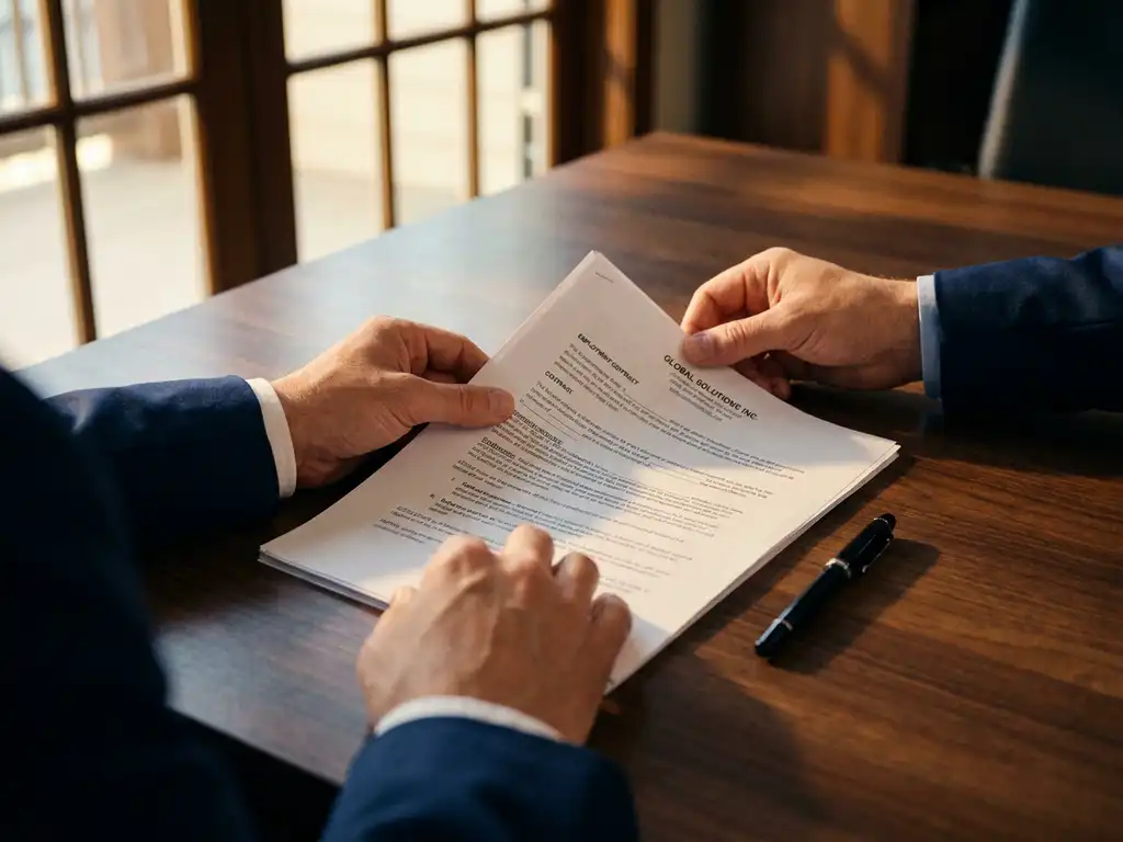 Professionele handen bekijken arbeidscontract op houten bureau met pen en natuurlijk licht