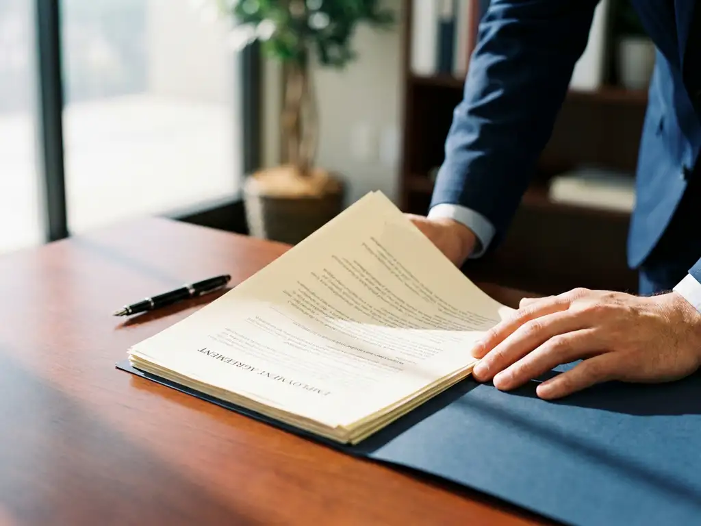 Professionele handen bekijken arbeidscontract op houten bureau met zwarte pen en natuurlijk licht