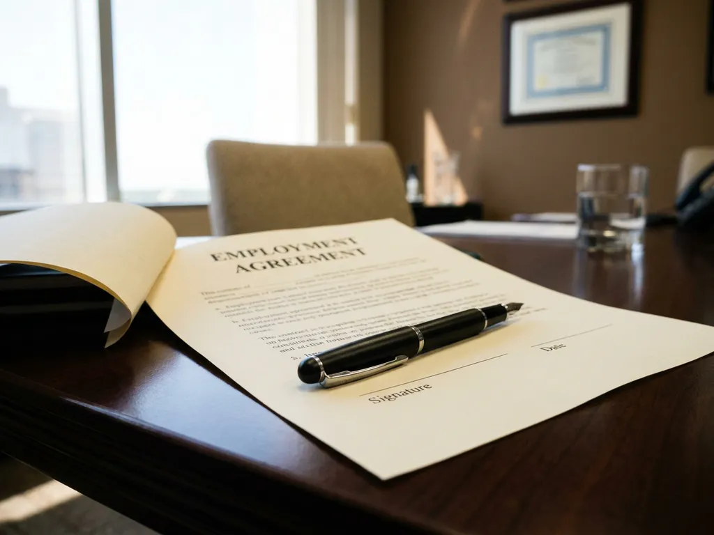 Arbeidscontract op houten bureau met zwarte pen, natuurlijk licht door raam creëert zachte schaduwen