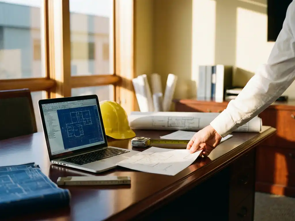 Professional in wit overhemd plaatst getekend arbeidscontract op houten bureau naast laptop met bouwplannen, helm en meetgereedschap
