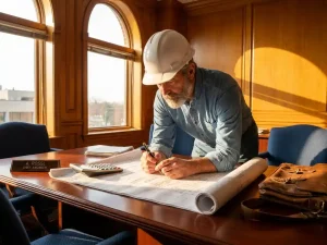 Bouwingenieur in witte helm bestudeert bouwplannen op mahonie bureau met rekenmachine en pen, warme namiddagverlichting