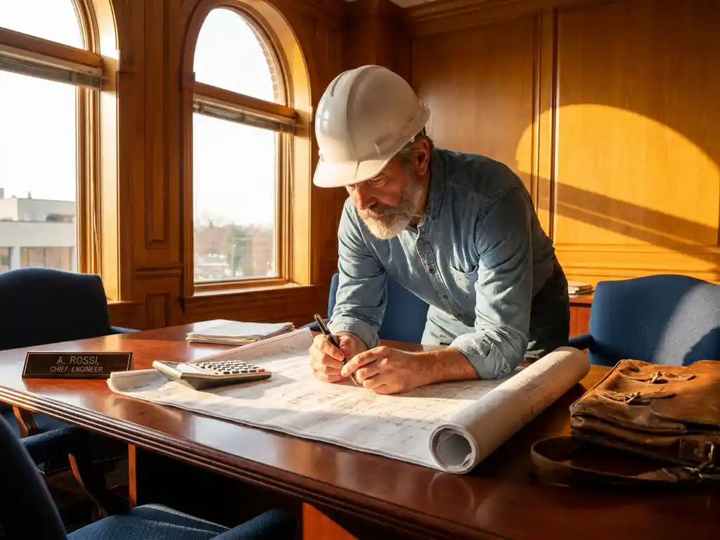 Bouwingenieur in witte helm bestudeert bouwplannen op mahonie bureau met rekenmachine en pen, warme namiddagverlichting
