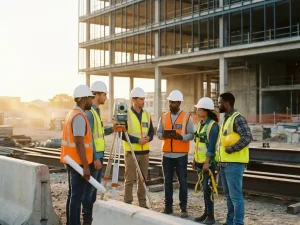 Diverse bouwprofessionals in veiligheidshelmen en hesjes met gereedschap op drukke bouwplaats bij zonsondergang
