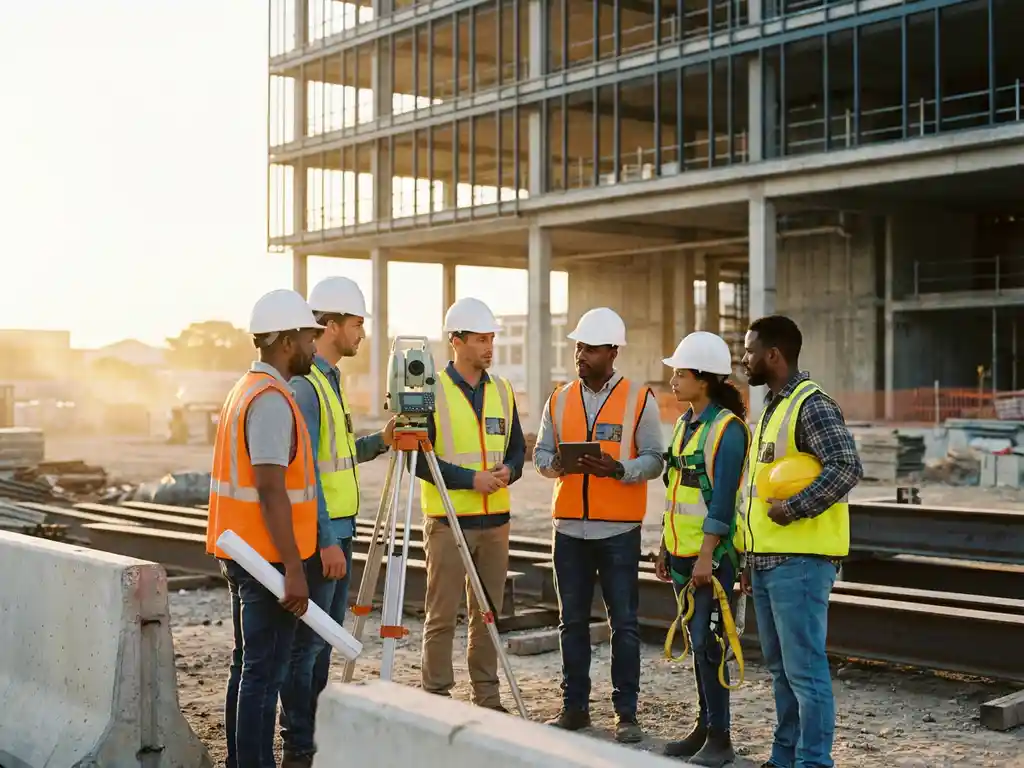 Diverse bouwprofessionals in veiligheidshelmen en hesjes met gereedschap op drukke bouwplaats bij zonsondergang