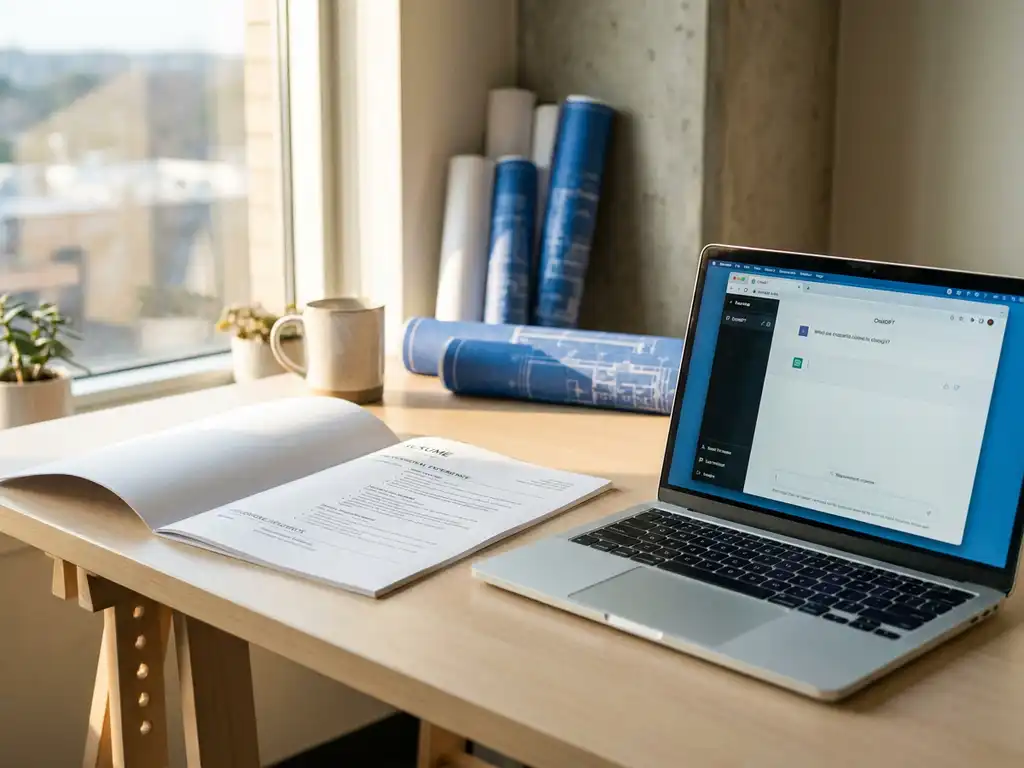 CV-document op moderne werkplek naast laptop met ChatGPT-interface, natuurlijk licht, engineering blauwdrukken op achtergrond