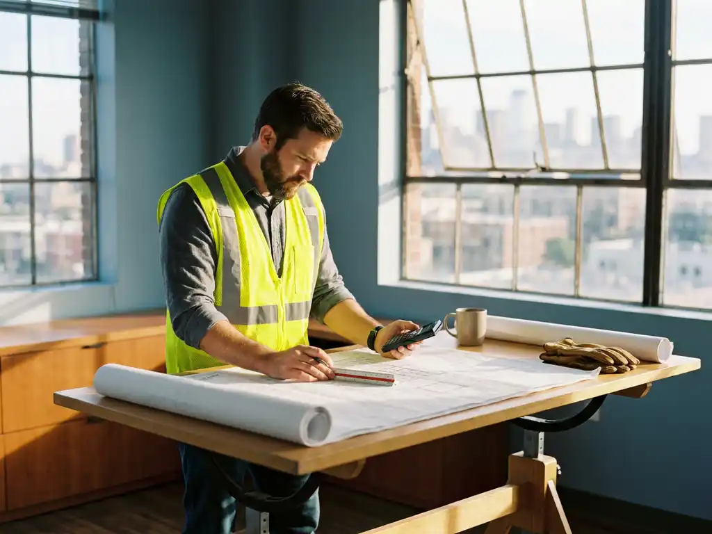 Civiel ingenieur in gele veiligheidsvest bestudeert infrastructuurtekeningen aan moderne tekentafel met rekenmachine en meetgereedschap