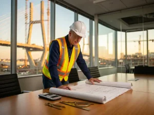 Civiel ingenieur in witte helm bestudeert bouwplannen aan vergadertafel met rekenmachine en tekengereedschap, glazen kantoor met brugbouw op achtergrond