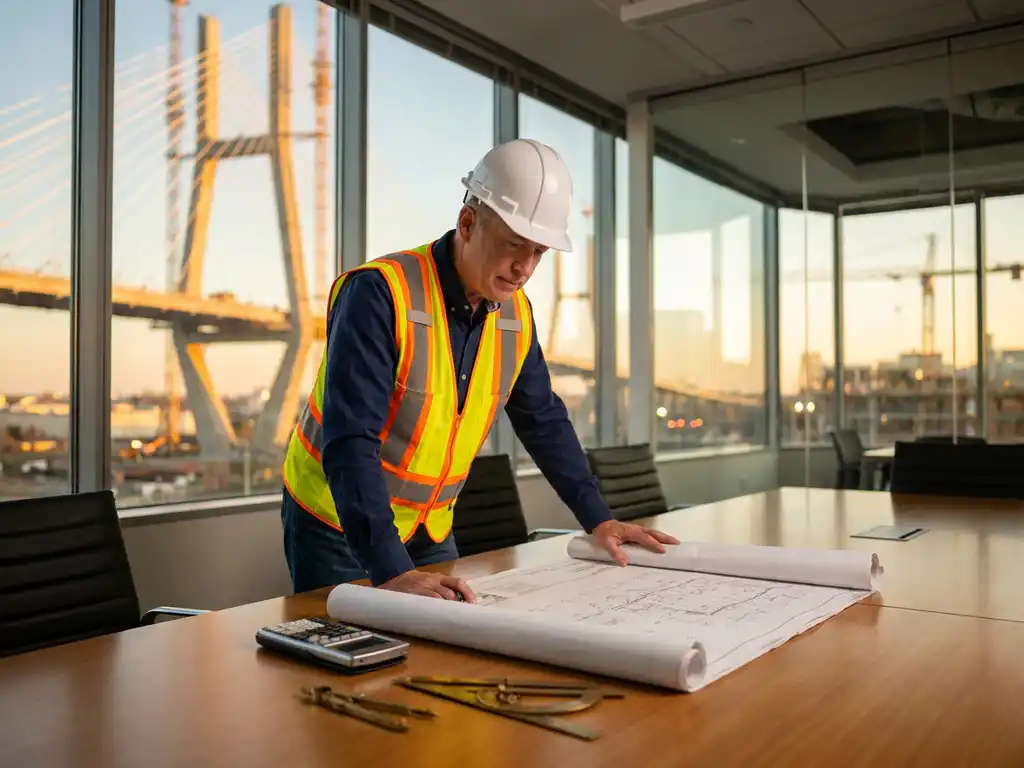 Civiel ingenieur in witte helm bestudeert bouwplannen aan vergadertafel met rekenmachine en tekengereedschap, glazen kantoor met brugbouw op achtergrond