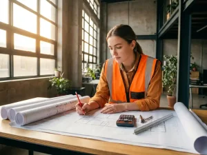Jonge civiel ingenieur in oranje veiligheidsvest bestudeert infrastructuurtekeningen aan moderne tekentafel met rekenmachine en meetgereedschap
