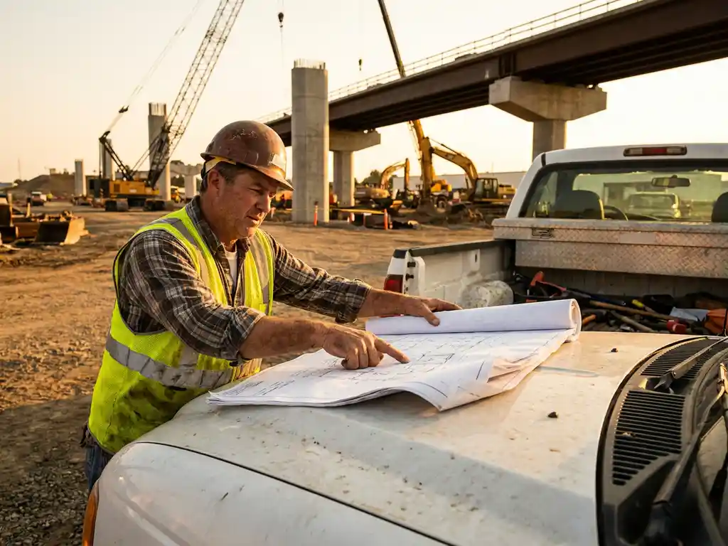 Civieltechnisch ingenieur in gele veiligheidsvest bestudeert bouwplannen op witte pick-up truck bij brugbouwproject