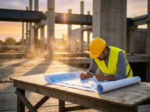 Civiel ingenieur in gele veiligheidshelm bestudeert bouwplannen op houten tafel bij actieve bouwplaats met betonpilaren