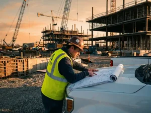Civiel ingenieur in gele veiligheidsvest bestudeert bouwplannen op motorkap van witte pick-up truck op bouwplaats