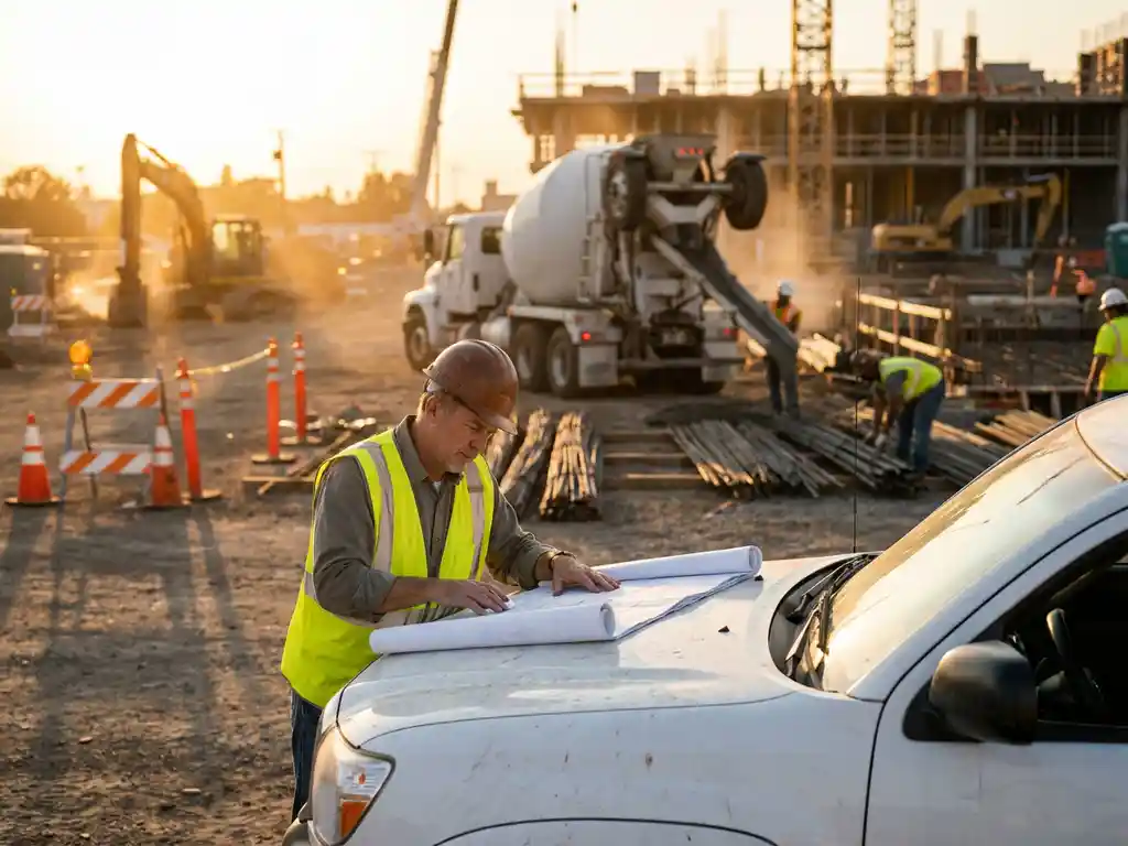 Civiel ingenieur in gele veiligheidsvest bestudeert technische tekeningen op witte pickup truck bij drukke bouwplaats