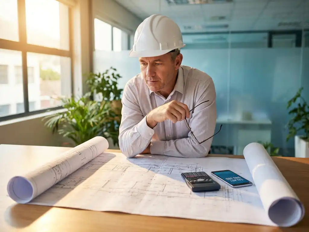 Civiel ingenieur in witte helm bestudeert infrastructuurtekeningen op houten bureau met calculator en smartphone