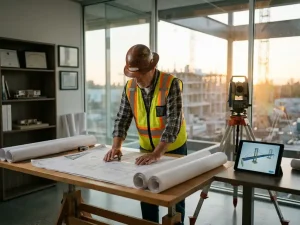 Senior civiel ingenieur in helm en veiligheidsvest bestudeert infrastructuurtekeningen op tekentafel in modern kantoor