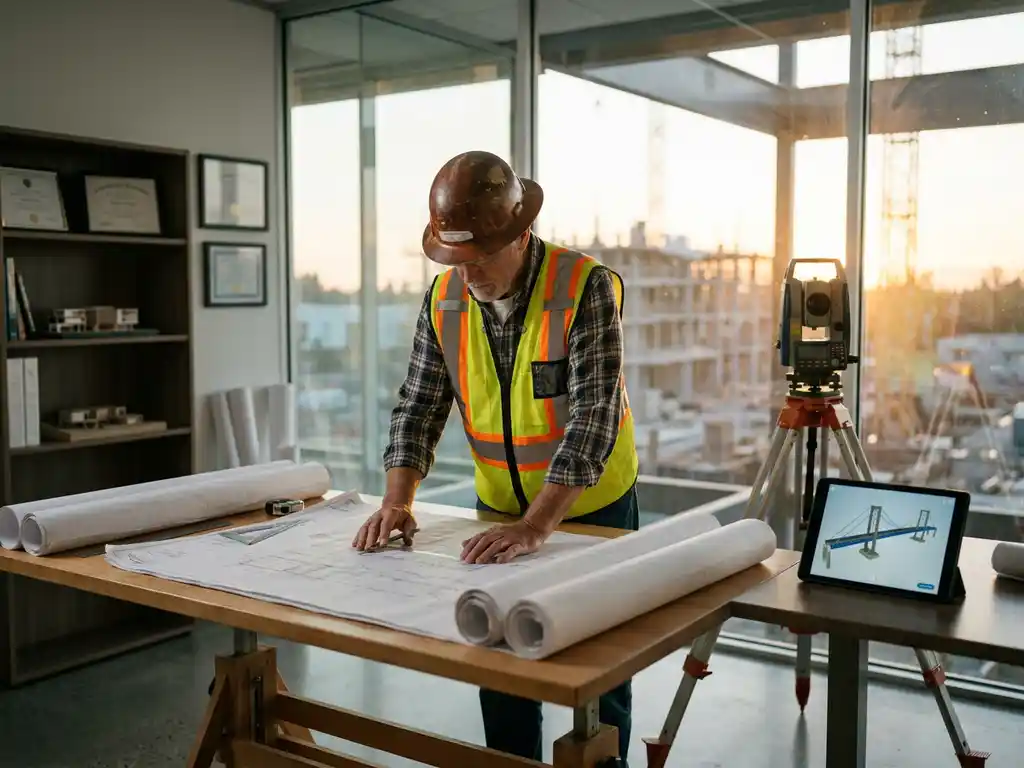 Senior civiel ingenieur in helm en veiligheidsvest bestudeert infrastructuurtekeningen op tekentafel in modern kantoor