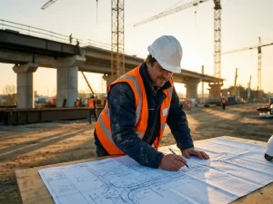 Civiel ingenieur in veiligheidshelm bestudeert bouwplannen op moderne bouwplaats met kranen en betonstructuren op achtergrond