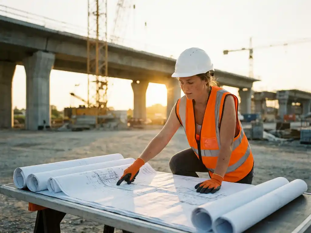Jonge civiel ingenieur in veiligheidshelm bestudeert infrastructuurtekeningen op bouwplaats met moderne brug op achtergrond