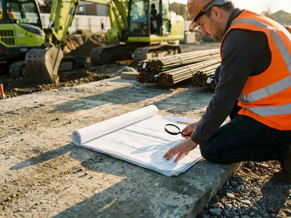 Civiel ingenieur in oranje veiligheidsvest bestudeert bouwplannen op betonnen oppervlak met graafmachines op achtergrond