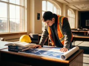 Jonge ingenieursstudent in oranje veiligheidsvest bestudeert infrastructuurtekeningen aan universiteitsbureau met civiele techniek boeken en gele helm