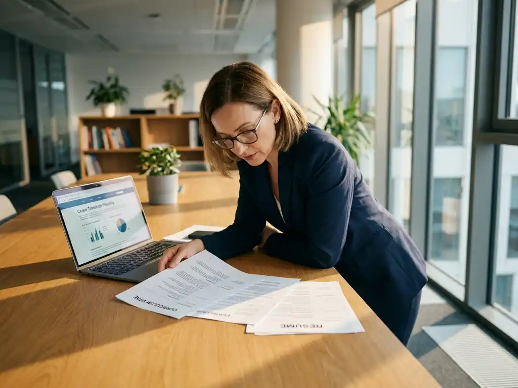 Professionele vrouw in marineblauw jasje bekijkt cv-documenten aan houten bureau met laptop voor loopbaanplanning