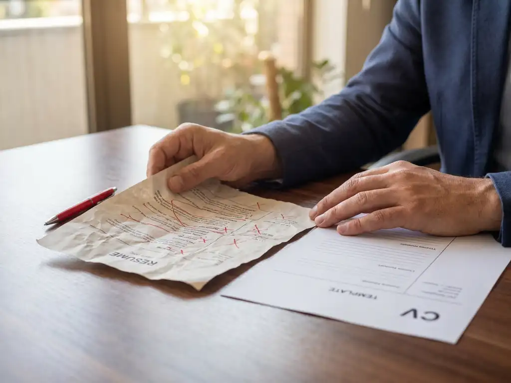 Professionele handen tillen verkreukeld cv met rode doorhalingen van houten bureau naast schoon cv-sjabloon