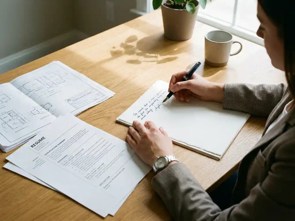 Professionele vrouwenhanden schrijven met vulpen op wit papier naast cv en technische tekeningen op houten bureau